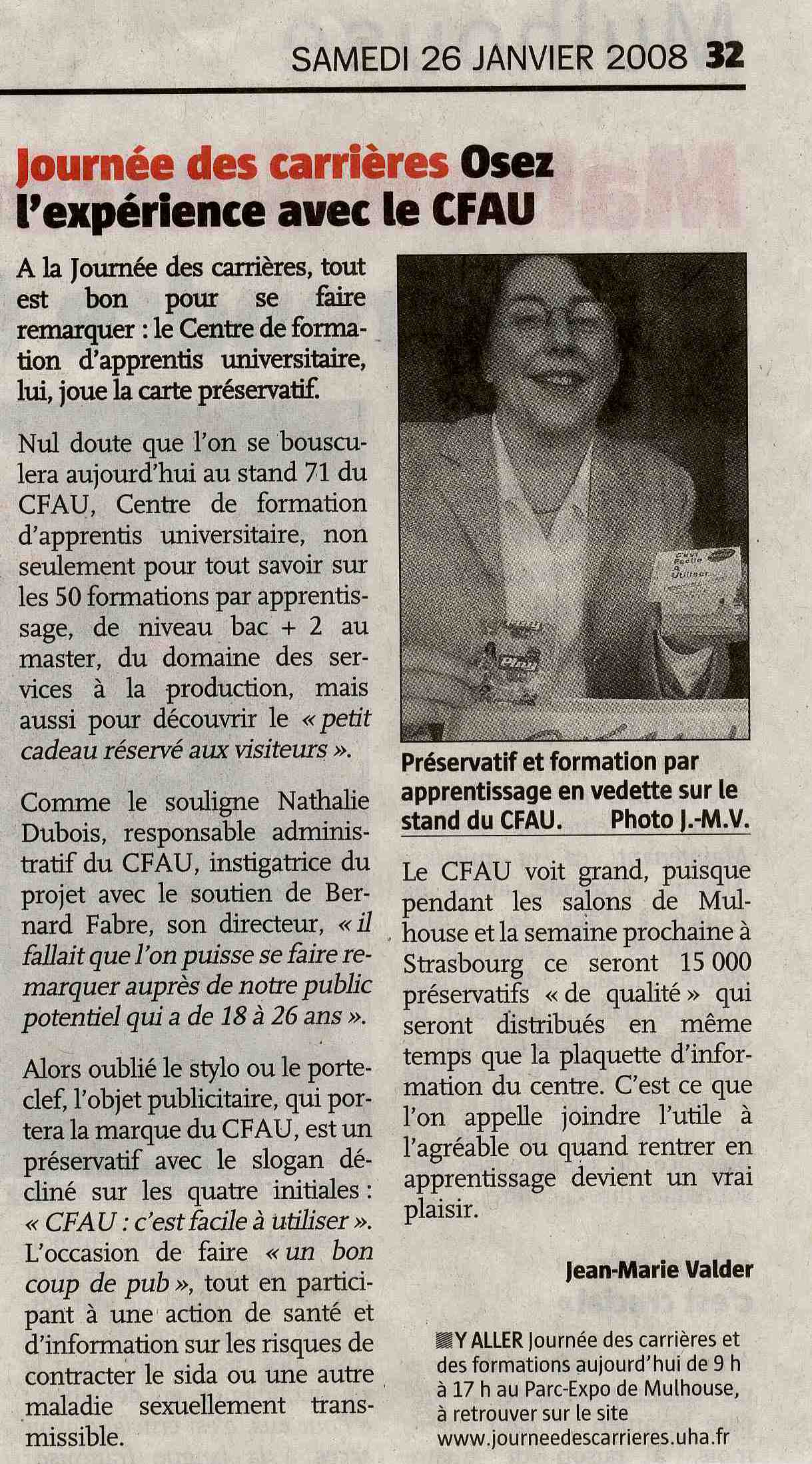 Journée des carrières : Osez l'expérience avec le CFAU - L'Alsace le 26/01/2008 - Article par Jean-Marie Valder 