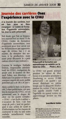 Journée des carrières : Osez l'expérience avec le CFAU - L'Alsace le 26/01/2008 - Article par Jean-Marie Valder 